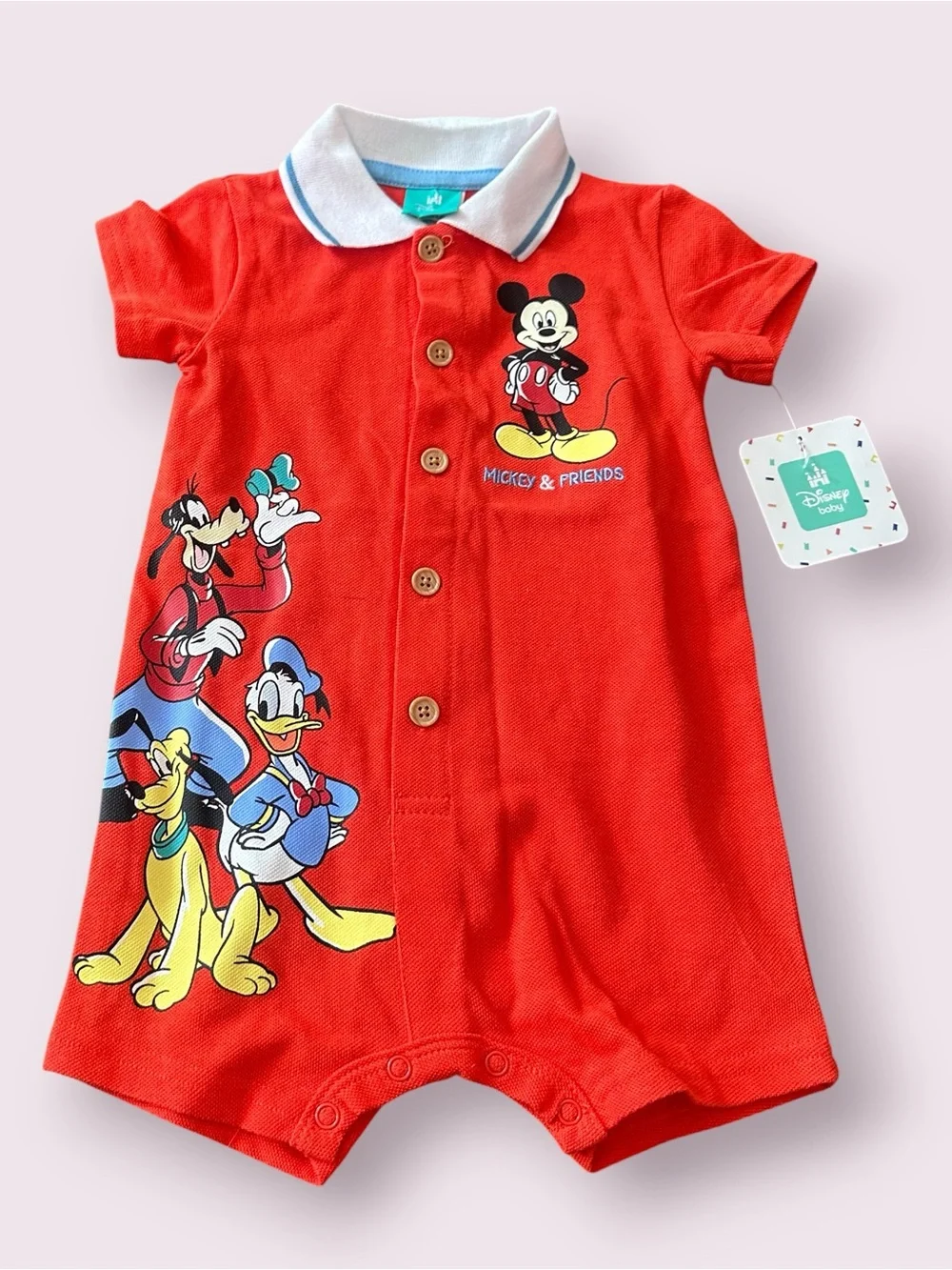 NWT Disney Baby Red Orangish Polo-Style Mickey & Friends Baby Romper Size 12 Mon